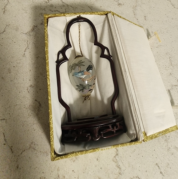 Vtg. Chinese hand blown reverse painted hanging glass egg w/ carved wood stand - Picture 1 of 16